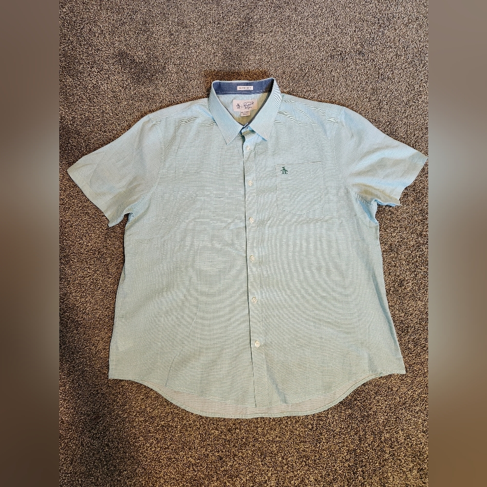 Penguin Men Short Sleeve Button up Shirt Green/White Striped XXL